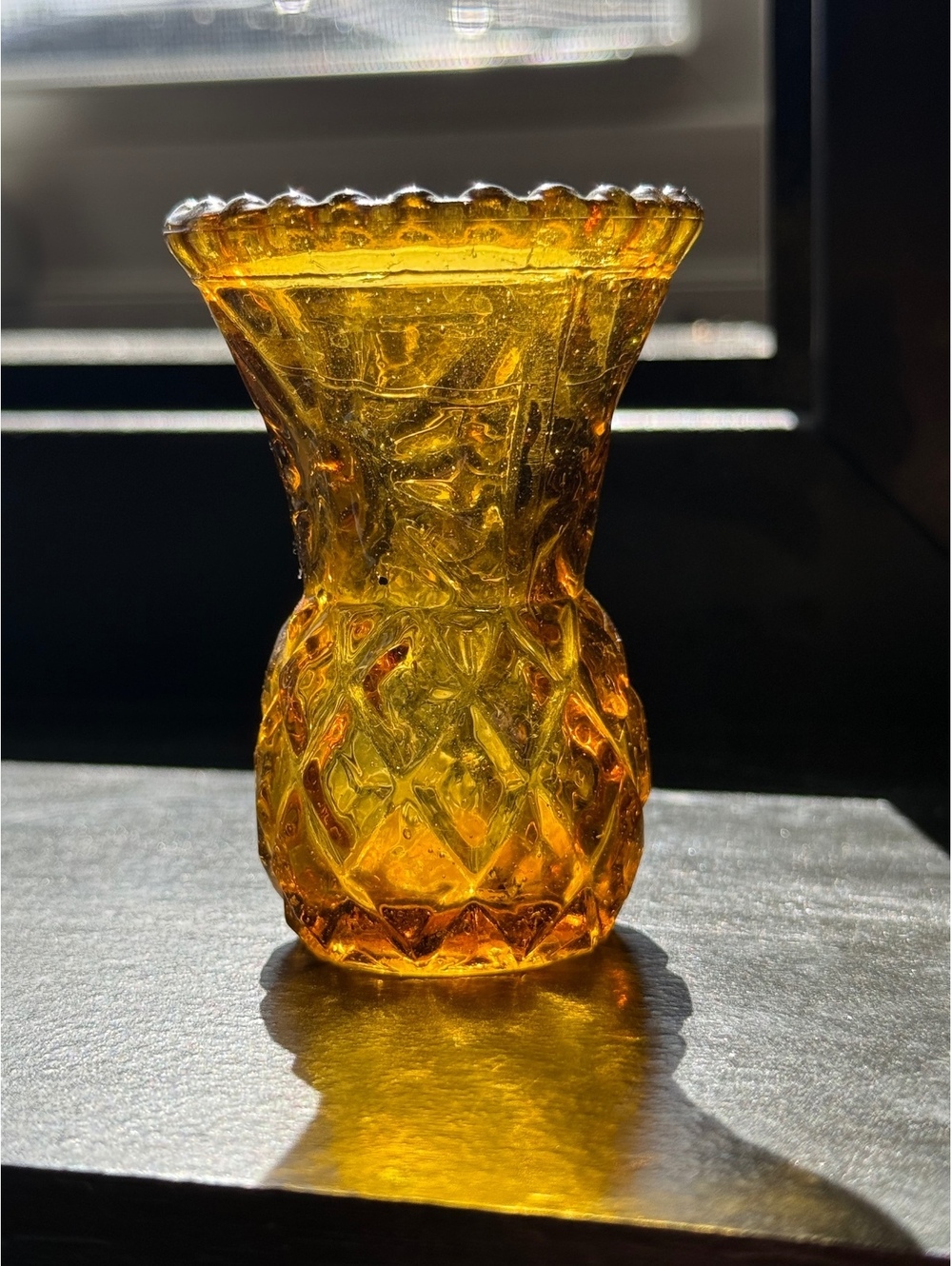 Vintage Amber Glass Toothpick Holder Mini Bud Vase Diamond Pattern Hong Kong